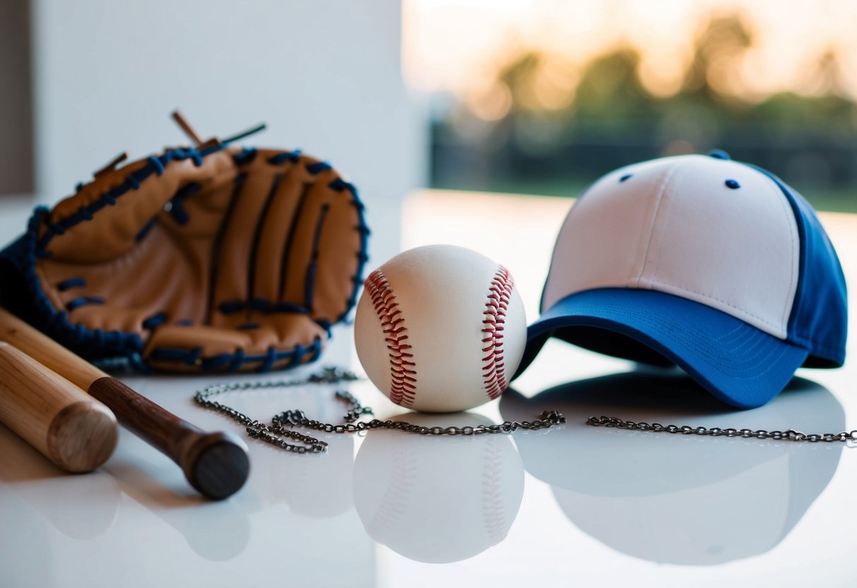 A baseball necklace surrounded by baseball bats, gloves, and a baseball cap on a clean, white surface