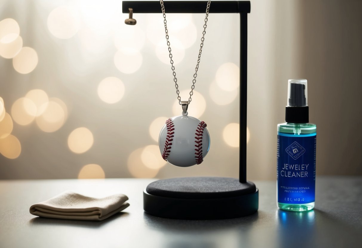 A baseball necklace hangs from a jewelry stand, gleaming under soft lighting. It is surrounded by a small polishing cloth and a bottle of jewelry cleaner