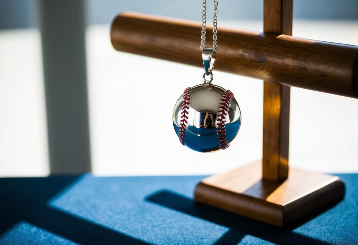 A shiny baseball necklace hangs from a wooden jewelry stand, catching the light and casting a shadow on the table below