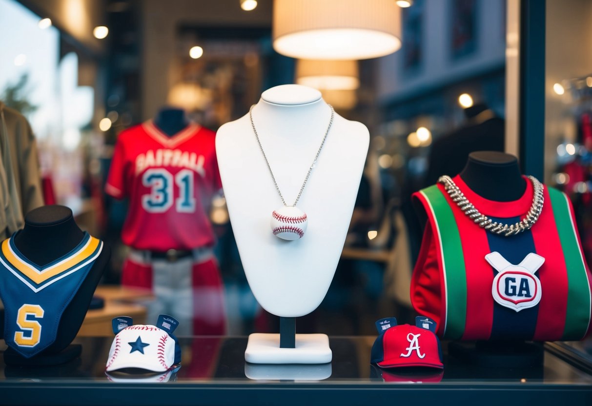 A baseball necklace displayed on a mannequin in a trendy boutique window, surrounded by other sports-inspired accessories and stylish clothing