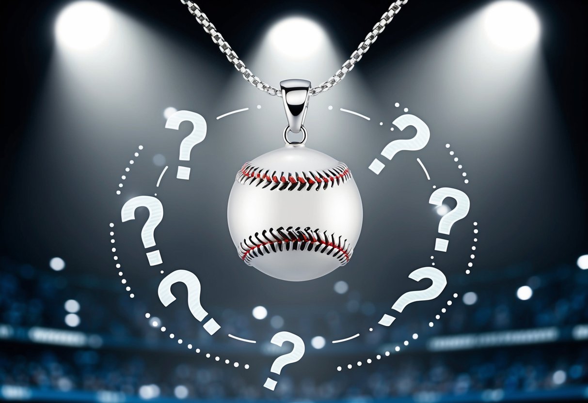 A baseball pendant on a silver chain, surrounded by a circle of questions marks, with a spotlight shining down on it