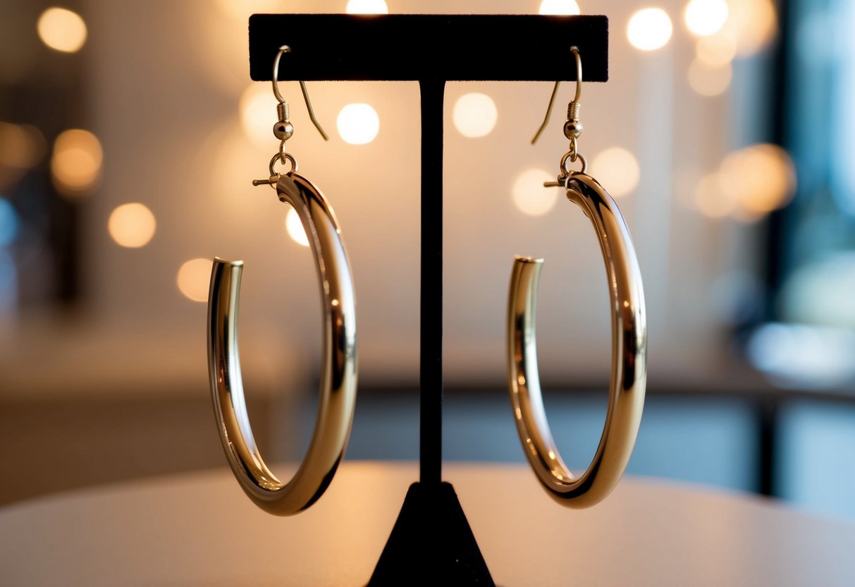 A pair of big hoop earrings hanging from a jewelry stand