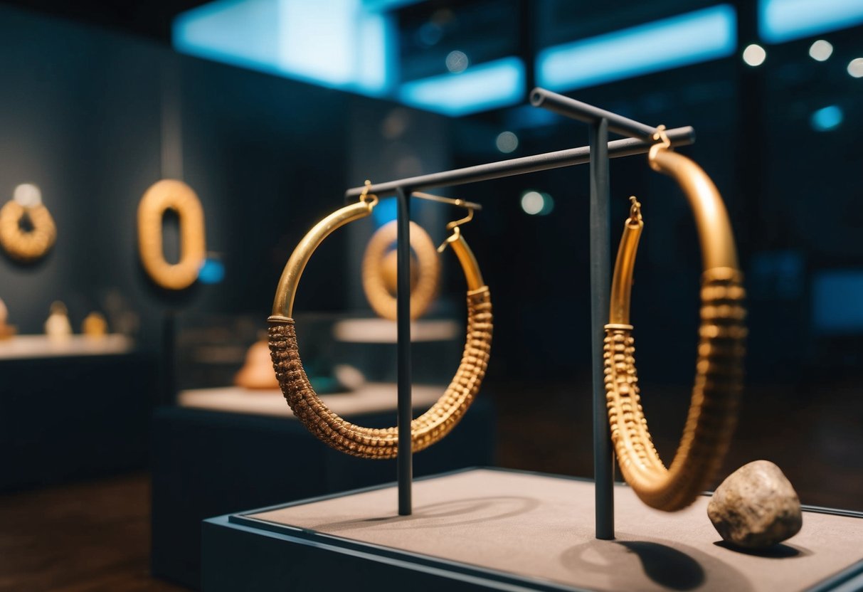 A display of ancient artifacts, including large hoop earrings, in a dimly lit museum exhibit