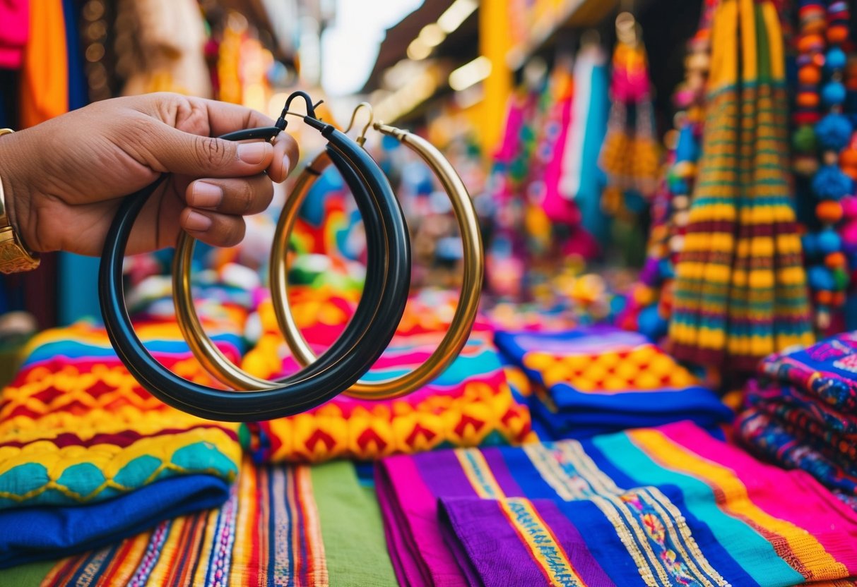 A colorful marketplace with vendors selling big hoop earrings, surrounded by vibrant textiles and traditional crafts