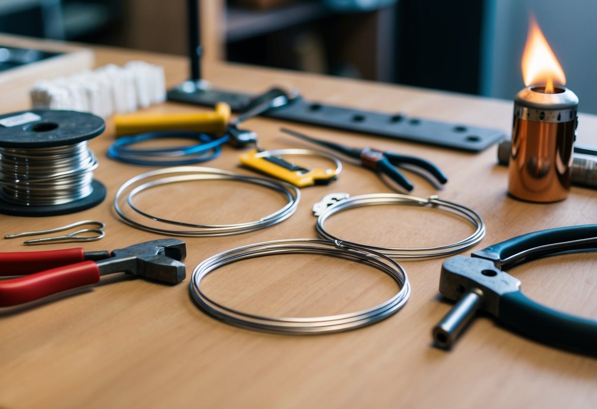 A table with various tools and materials for making big hoop earrings, including metal wire, pliers, a jewelry hammer, and a small torch