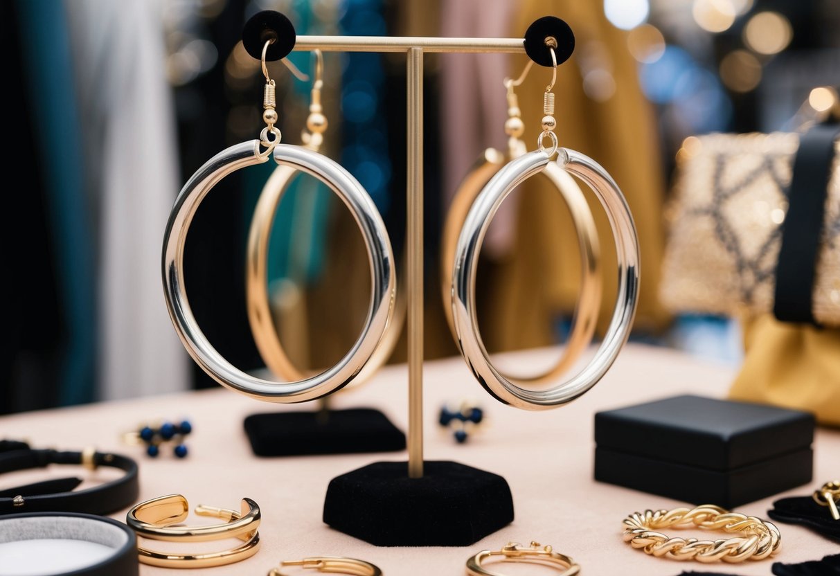 A pair of big hoop earrings hanging from a jewelry stand, surrounded by other trendy accessories and stylish items