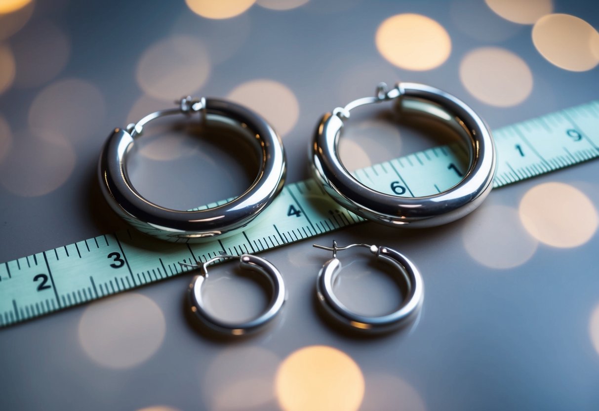 A close-up of big hoop earrings resting on a ruler to show their size. Another pair of smaller hoops can be included for comparison