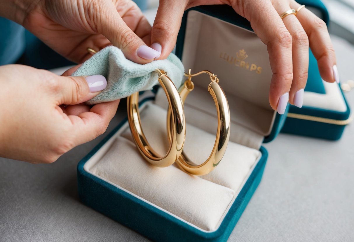 A pair of big hoop earrings being carefully cleaned and polished with a soft cloth, then stored in a velvet-lined jewelry box