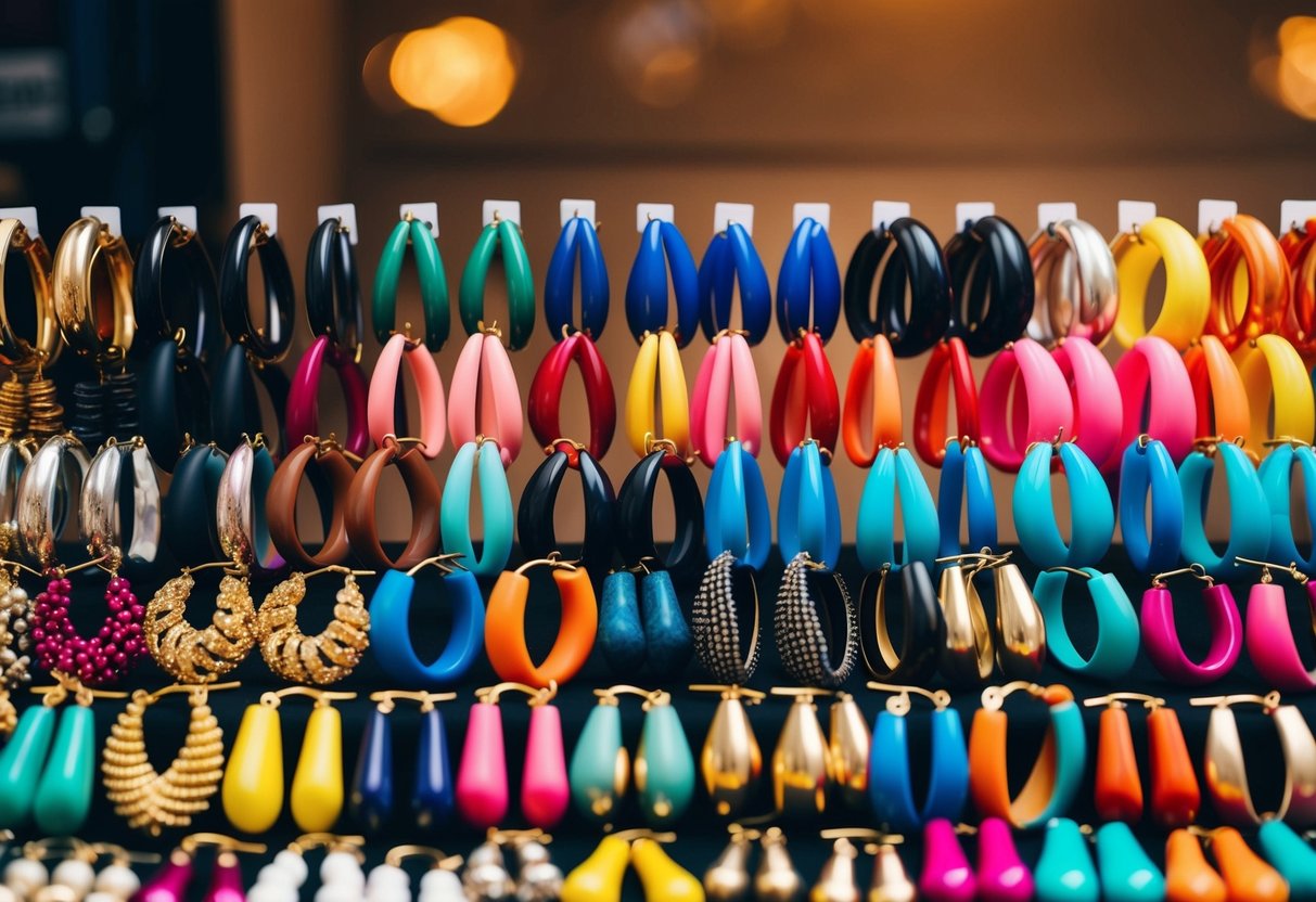 A table with an array of big hoop earrings in various colors and designs, arranged in an organized and visually appealing manner