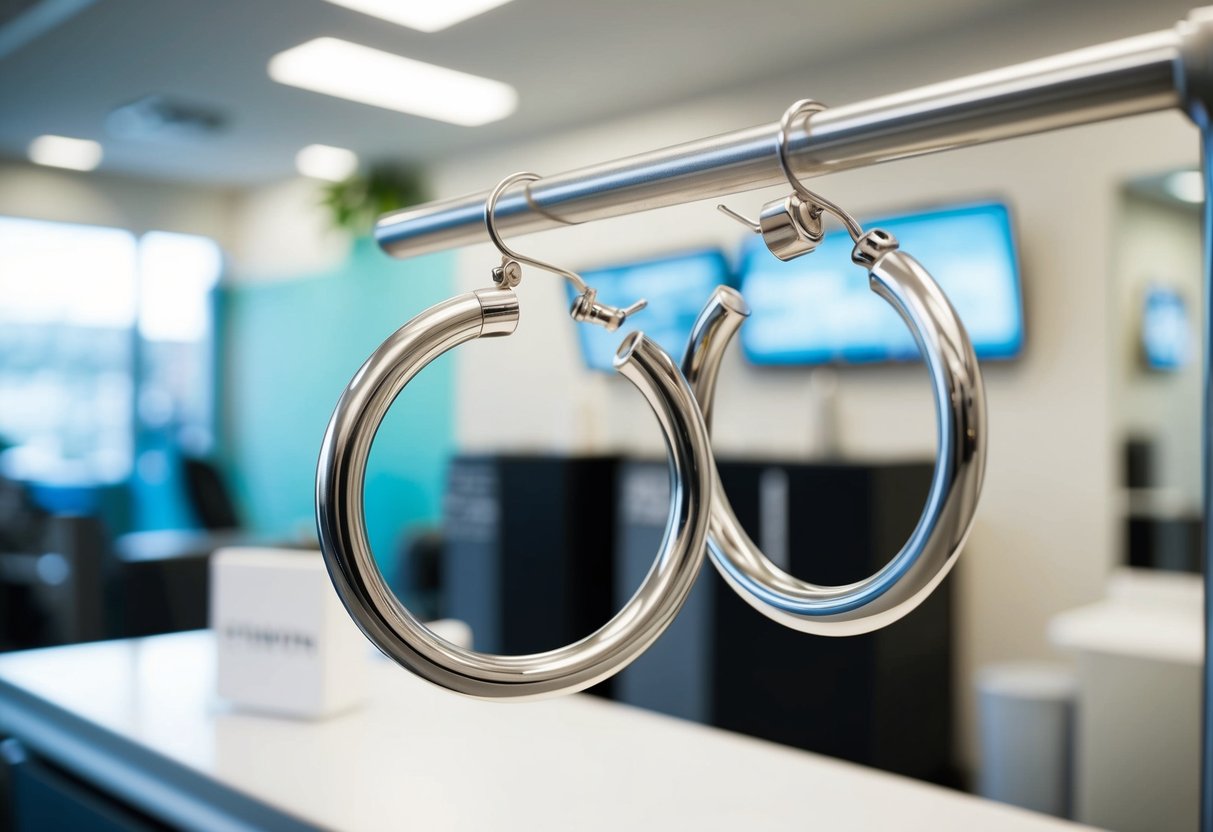 A clean, modern piercing studio with a focus on health safety. Large, shiny hoop earrings displayed prominently