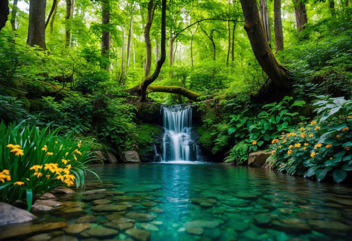 A lush forest with a clear stream running through it. A small waterfall cascades into the water, surrounded by vibrant greenery and colorful flowers