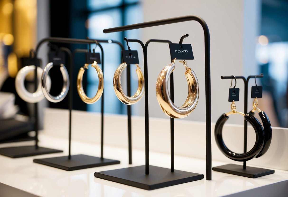 A display of big hoop earrings in a trendy shopping guide. Various styles and sizes are showcased on a sleek, minimalist stand