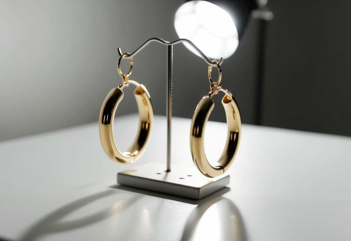 A pair of large hoop earrings displayed on a clean, white surface, with a spotlight shining on them to highlight their size and detail