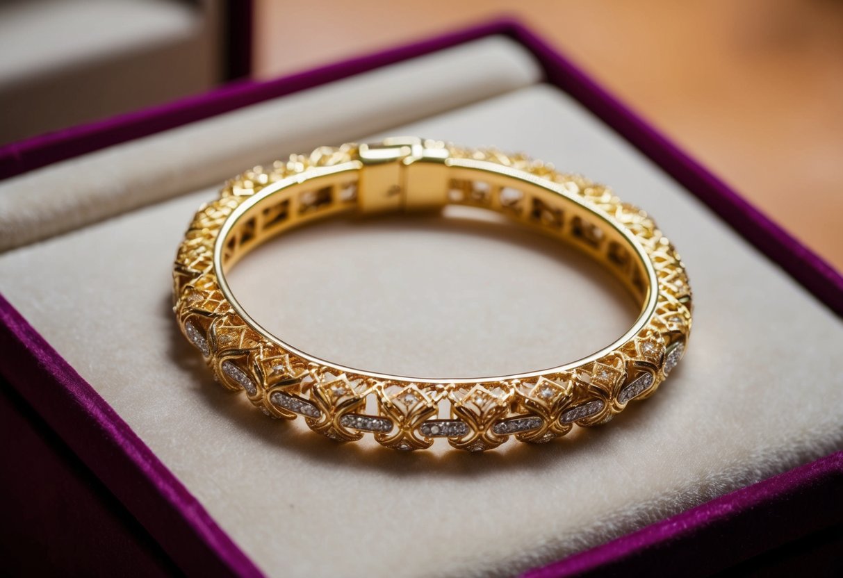 A gleaming 14k gold bracelet, adorned with intricate patterns and delicate links, catches the light as it rests on a velvet-lined jewelry display