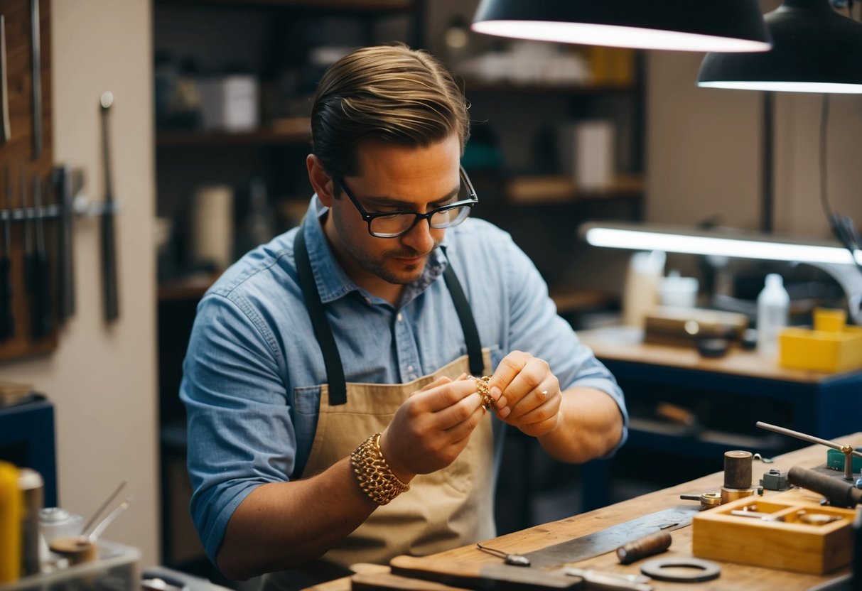 A jeweler carefully crafting a 14k gold bracelet, surrounded by tools and materials in a well-lit workshop