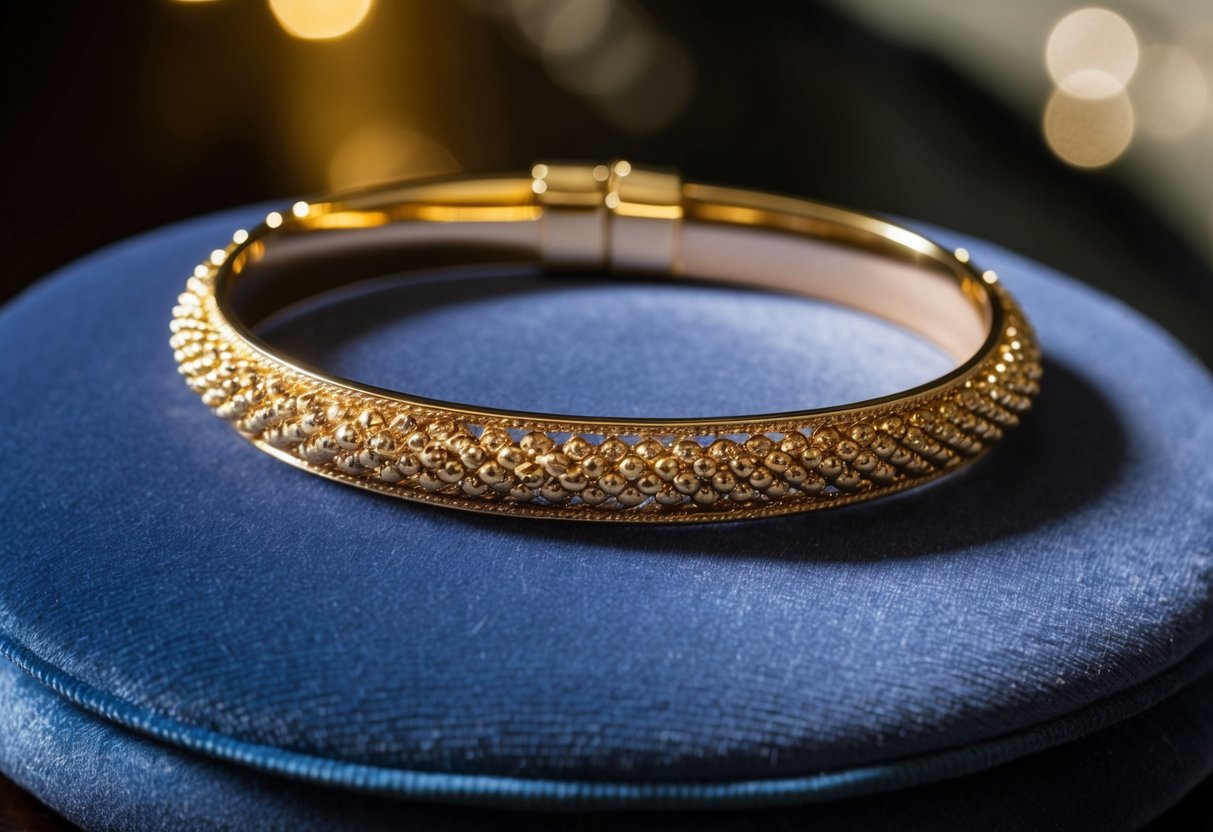 A 14K gold bracelet resting on a velvet cushion, catching the light to showcase its intricate design and luxurious shine