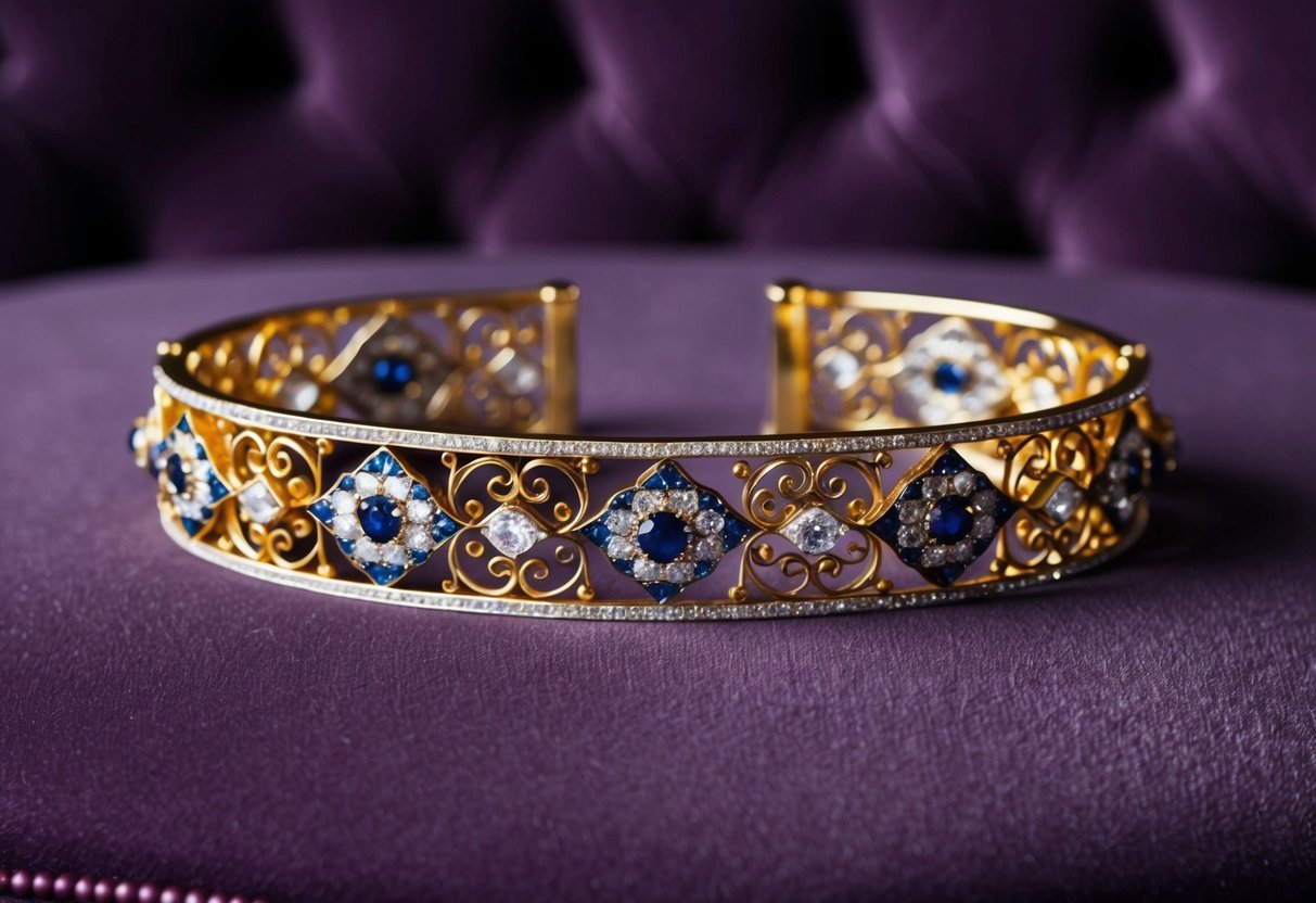 A 14K gold bracelet with intricate filigree patterns, adorned with sparkling diamonds and sapphires, set against a luxurious velvet background