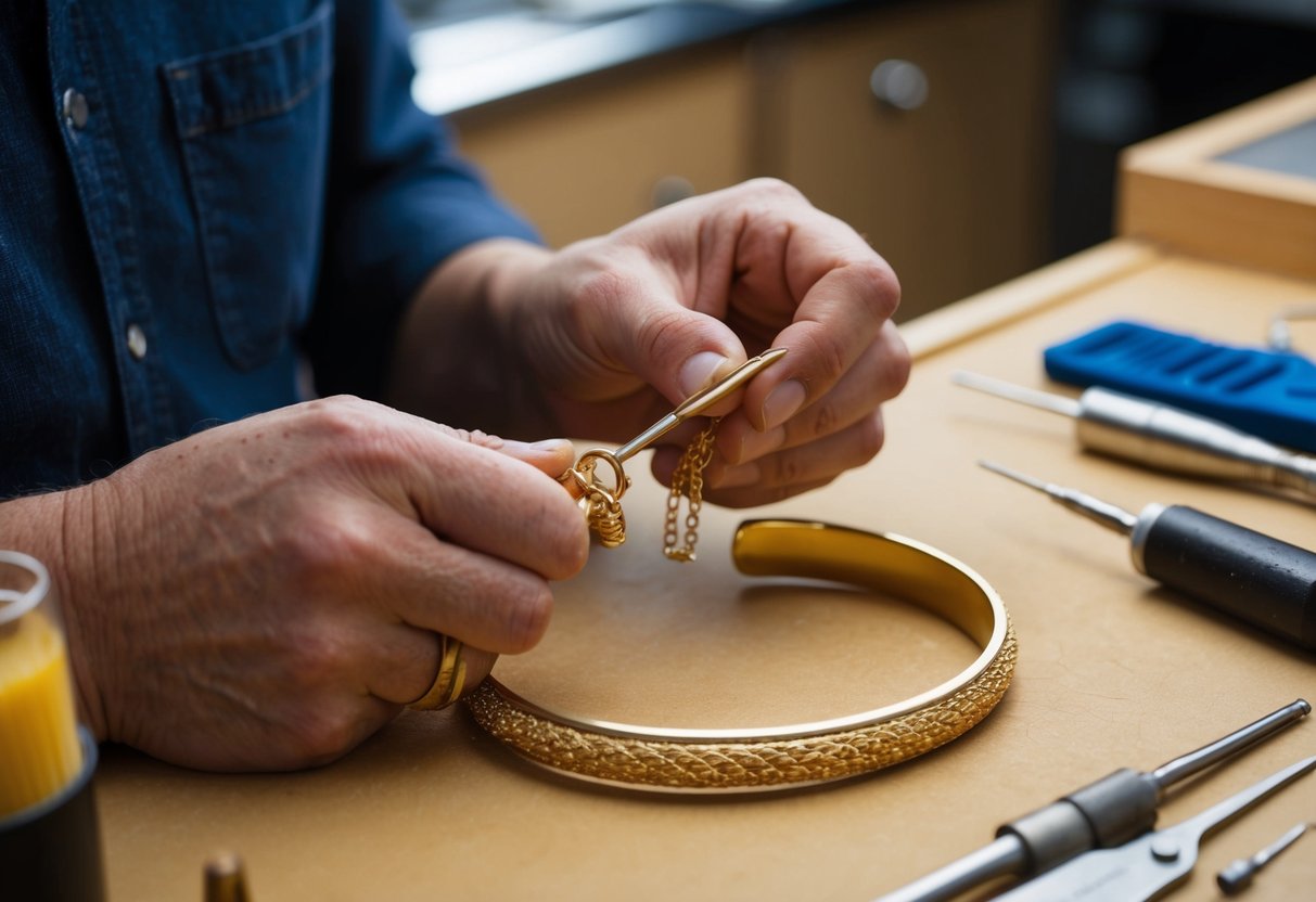 A jeweler carefully shapes and solders 14k gold into a custom bracelet, using precision tools and a steady hand