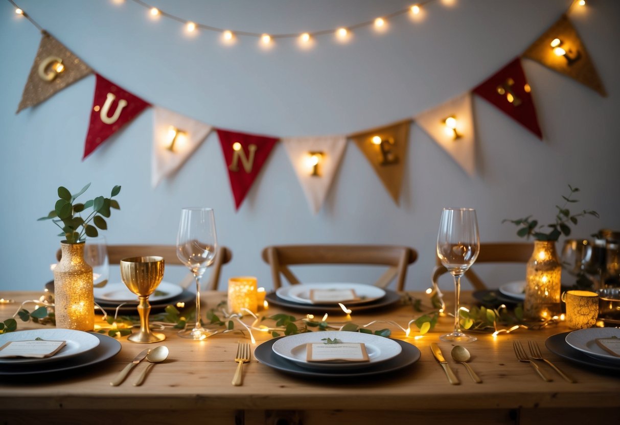 A DIY scene with handmade decorations in a guinguette theme, featuring bunting, fairy lights, and rustic table settings