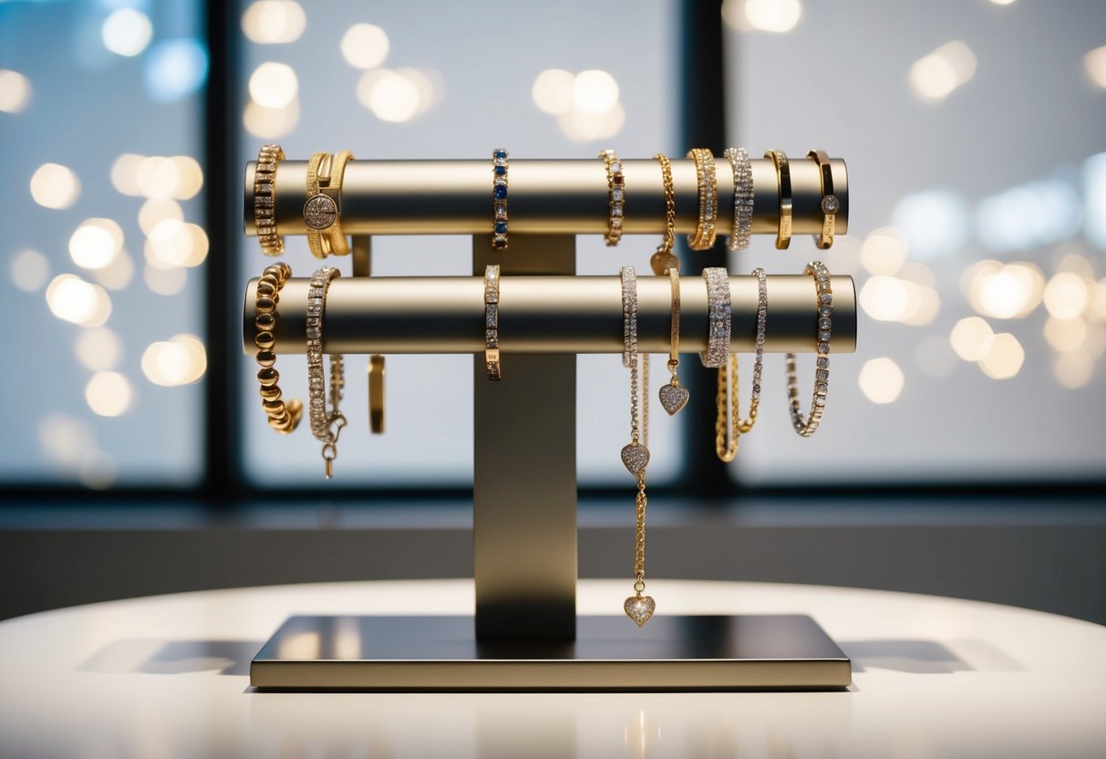 A display of various custom 14K gold bracelets, arranged on a sleek, minimalist jewelry stand, catching the light and showcasing their unique designs