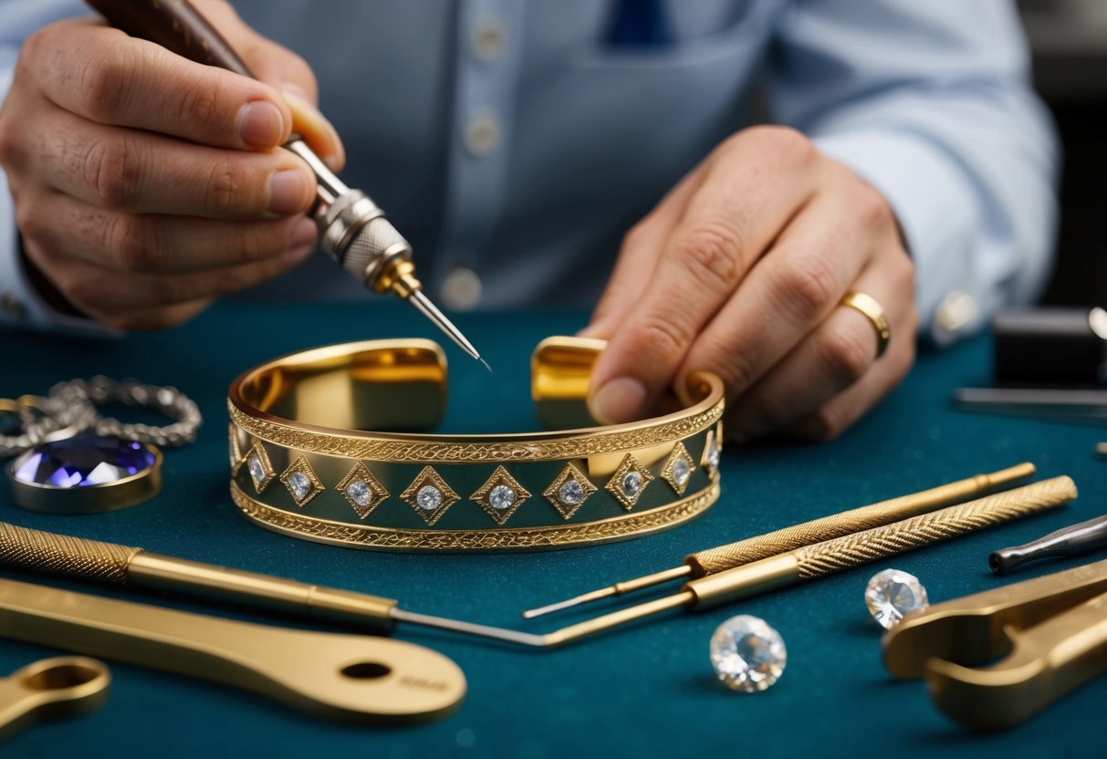 A jeweler carefully engraves a 14k gold bracelet with intricate designs, surrounded by various tools and gemstones for customizing