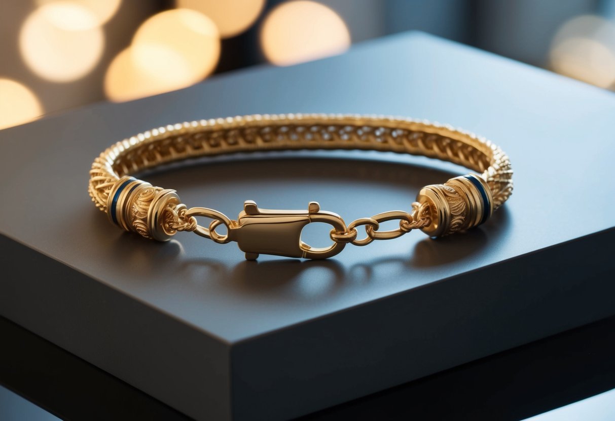 A 14k gold bracelet with intricate details and a sturdy clasp, displayed on a sleek surface with soft lighting to highlight its shine and craftsmanship