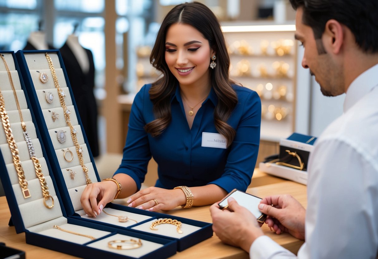 A customer browsing through a catalog of various 14K gold bracelet designs, speaking with a jeweler to discuss custom options and placing an order