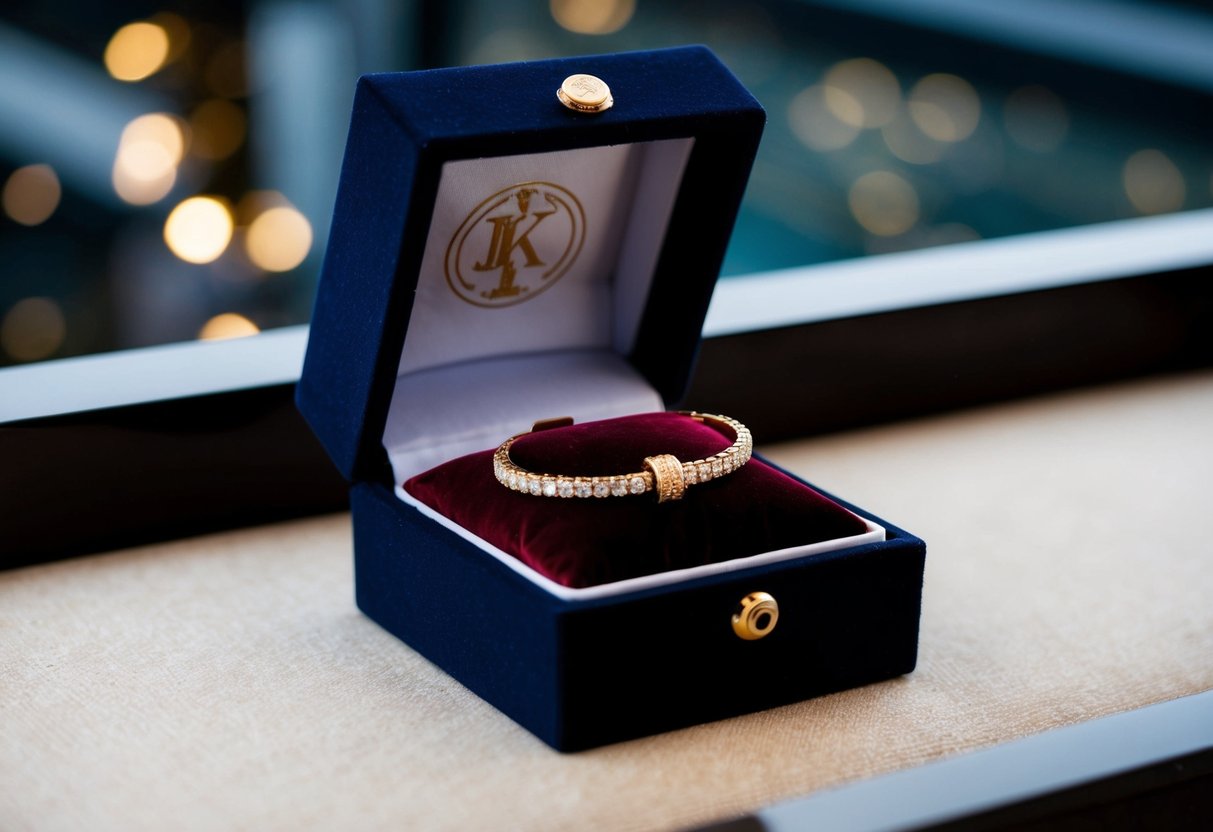 A small, elegant box sits on a velvet cushion. The lid is embossed with a logo and opens to reveal a gleaming 14k gold bracelet nestled inside