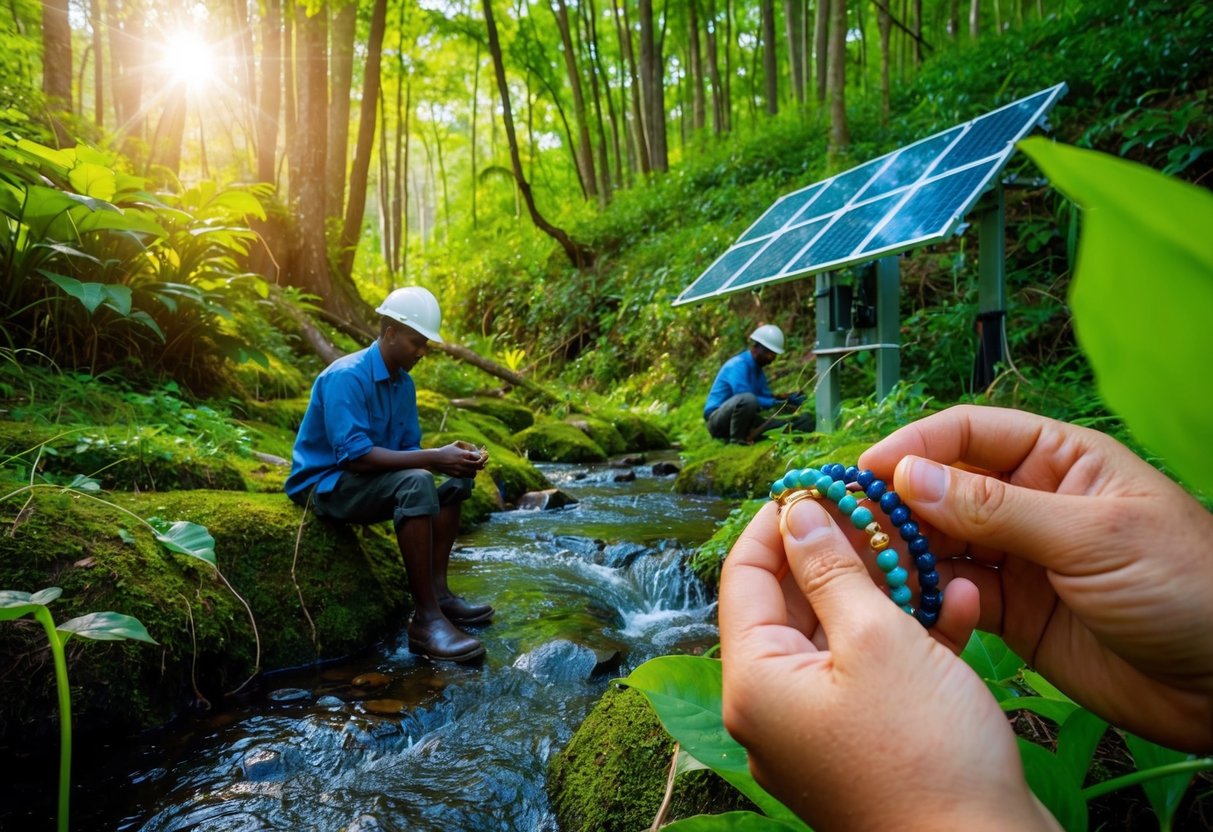 A lush, green forest with a sparkling stream. A gold mine with workers using sustainable practices. The bracelet being crafted in a solar-powered studio