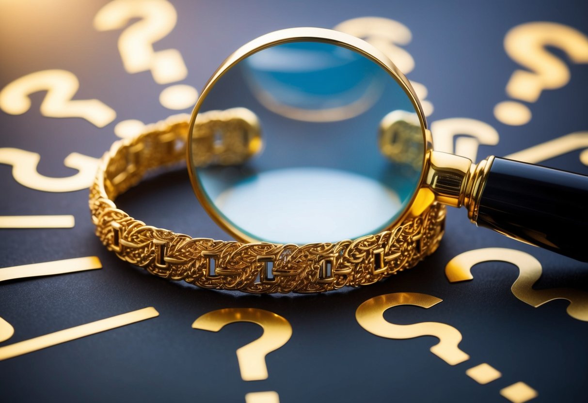 A handcrafted 14k gold bracelet surrounded by question marks, with a magnifying glass examining the intricate details