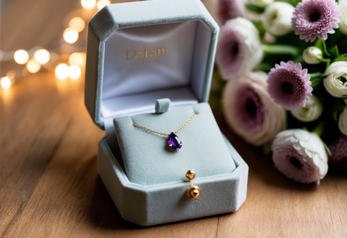 A delicate birthstone necklace rests on a velvet jewelry box, surrounded by soft lighting and a bouquet of flowers