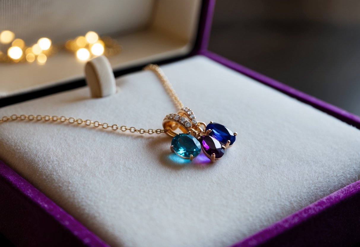 A birthstone necklace lies on a velvet display, catching the light with its sparkling gemstones, symbolizing the significance of each stone for the mother