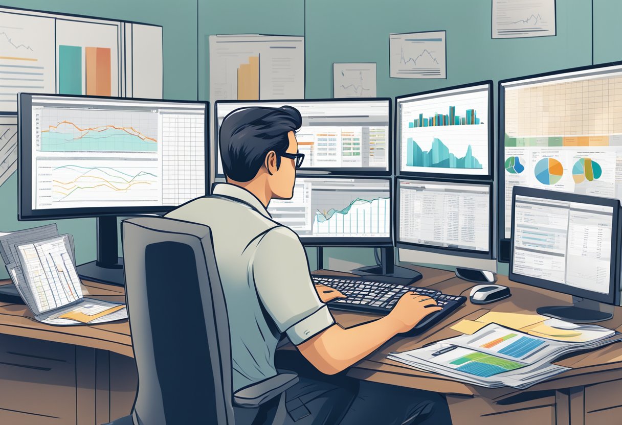 A government employee researching stocks online at a desk with a computer, charts, and financial reports spread out