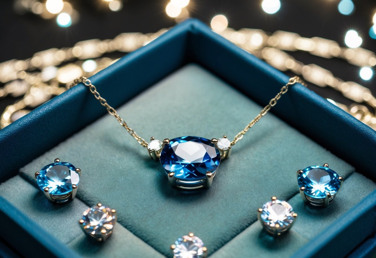 A sparkling birthstone necklace sits on a velvet display, surrounded by delicate chains and shimmering gemstones. Light reflects off the polished stones, creating a dazzling display