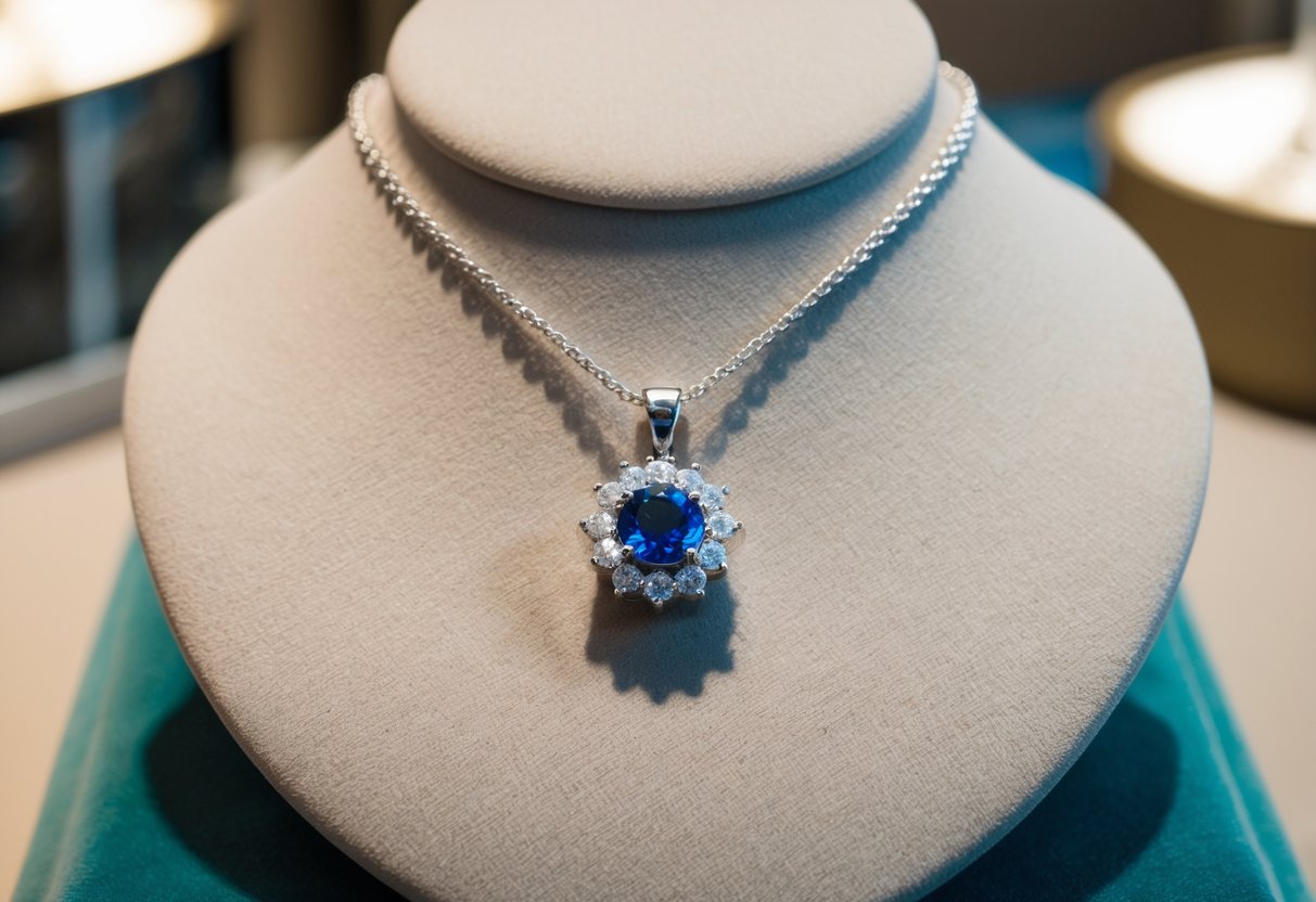 A delicate silver chain holds a sparkling birthstone pendant, surrounded by smaller gems. The necklace rests on a velvet display in a jewelry store