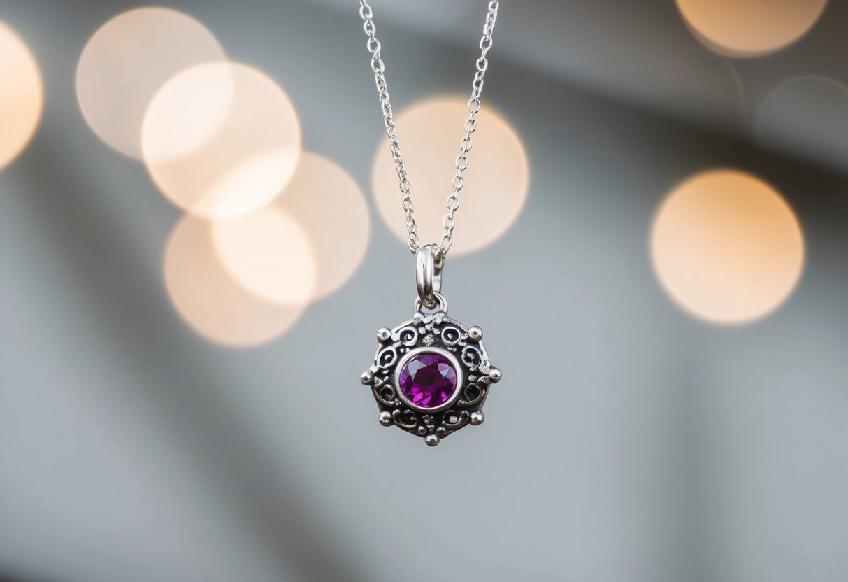 A delicate silver necklace with a small birthstone charm hangs from a sturdy chain. The birthstone is surrounded by intricate metalwork, adding a touch of elegance to the piece