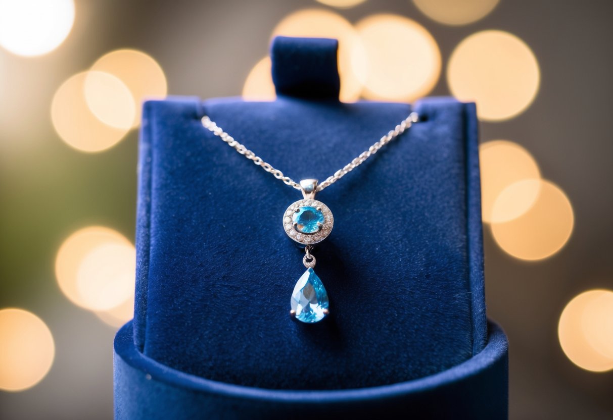 A sparkling birthstone necklace sits on a velvet display, catching the light. It exudes elegance and love, perfect for a mother's gift