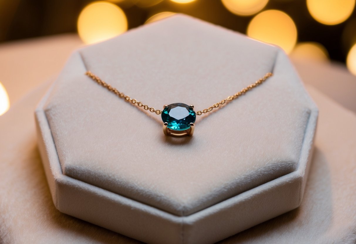 A delicate birthstone necklace rests on a soft velvet jewelry display, surrounded by a warm, glowing light