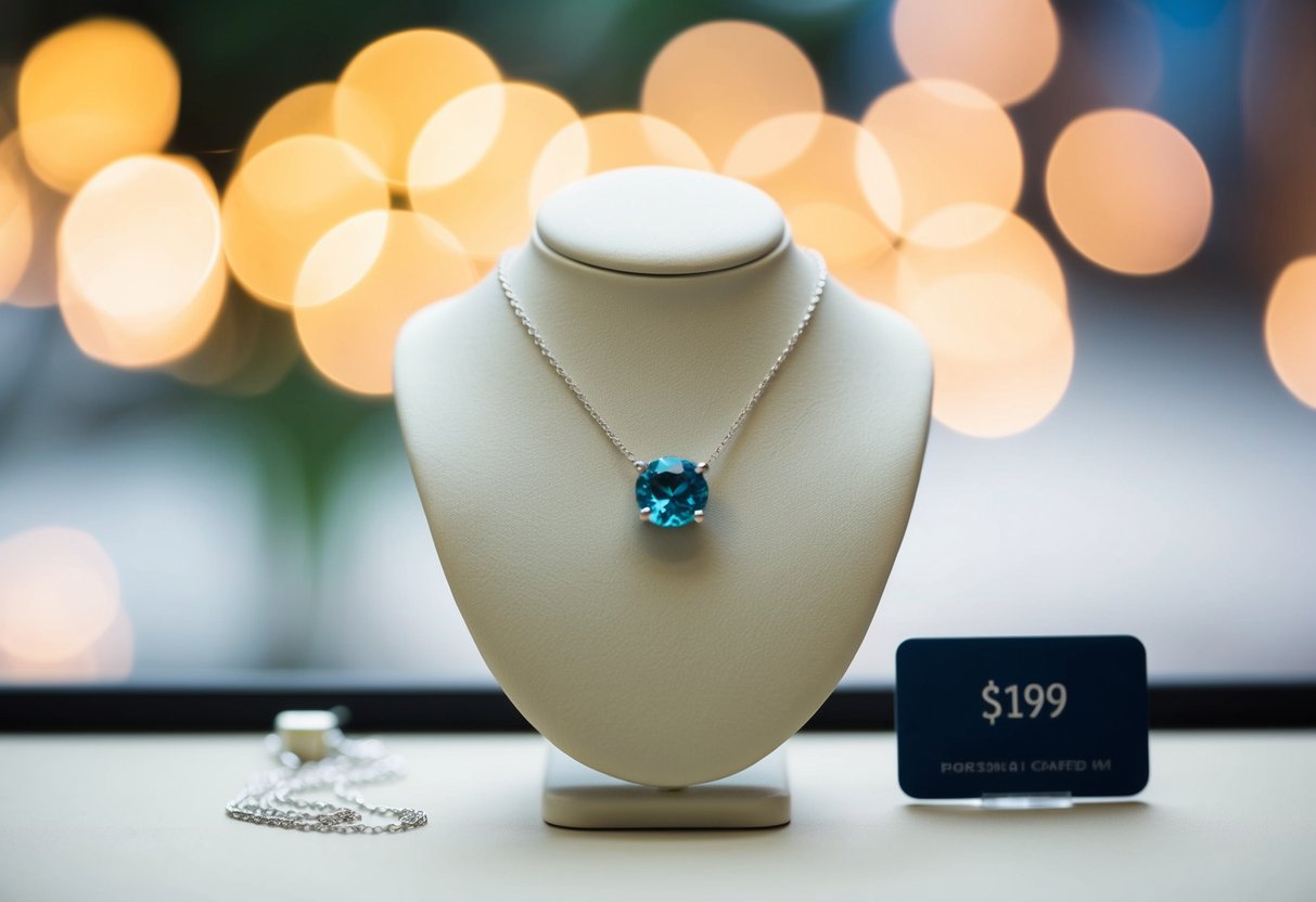 A sparkling birthstone necklace displayed on a simple, elegant stand with a price tag nearby