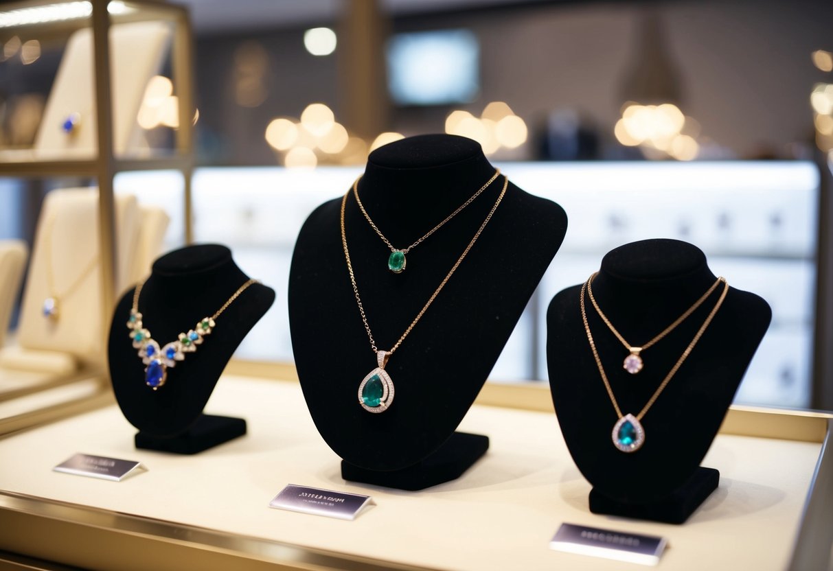 A jewelry store display showcases a variety of birthstone necklaces, with elegant designs and sparkling gems, perfect for a thoughtful gift for mom