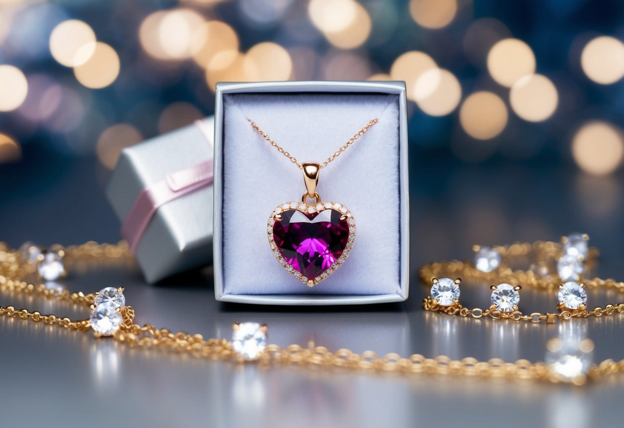 A birthstone necklace with a heart-shaped pendant hangs from a delicate chain, surrounded by sparkling gemstones and packaged in a sleek gift box