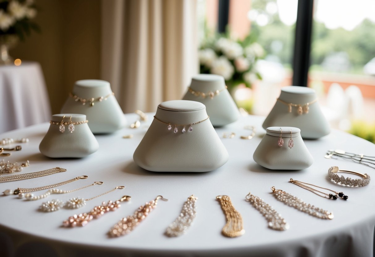 A table adorned with delicate bridesmaid jewelry, including earrings, necklaces, and bracelets, all arranged in an elegant display