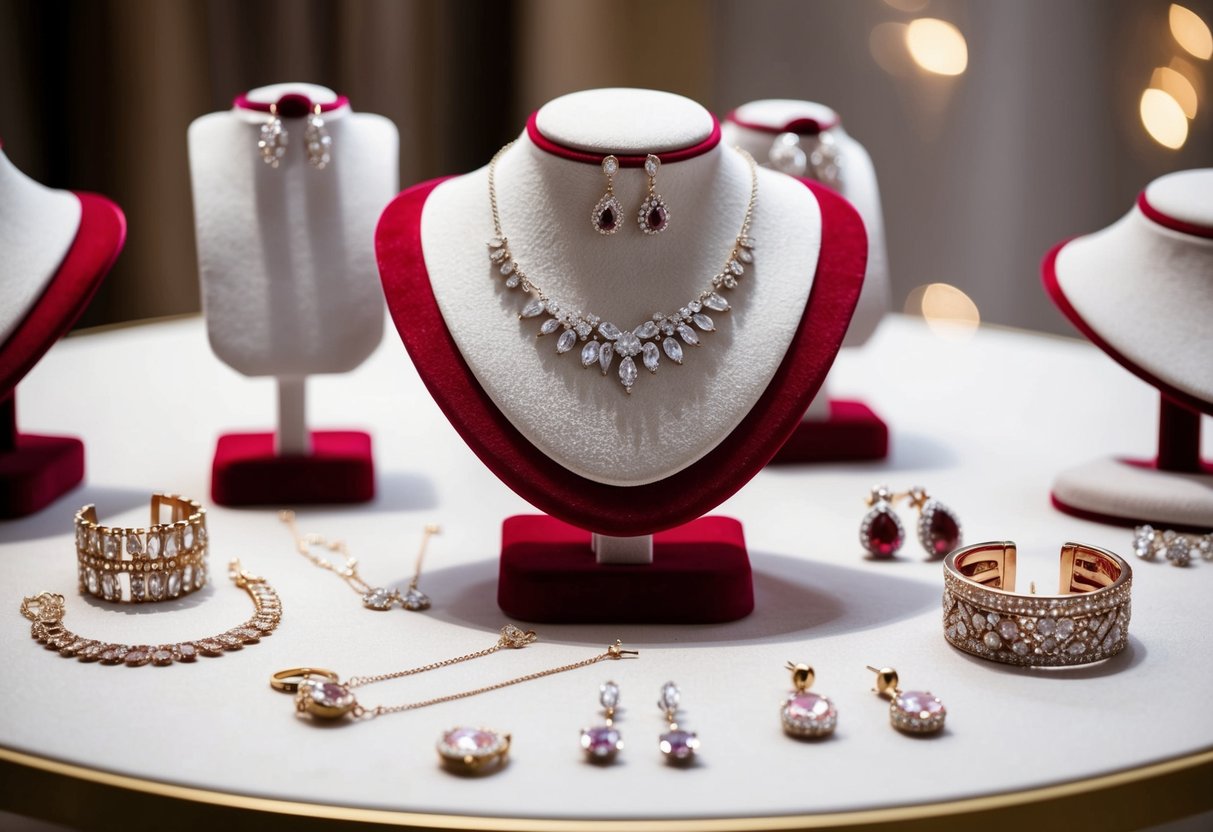 A table displays a selection of bridesmaid jewelry, including earrings, necklaces, and bracelets. The pieces are arranged neatly on a velvet display stand, catching the light and sparkling with delicate details