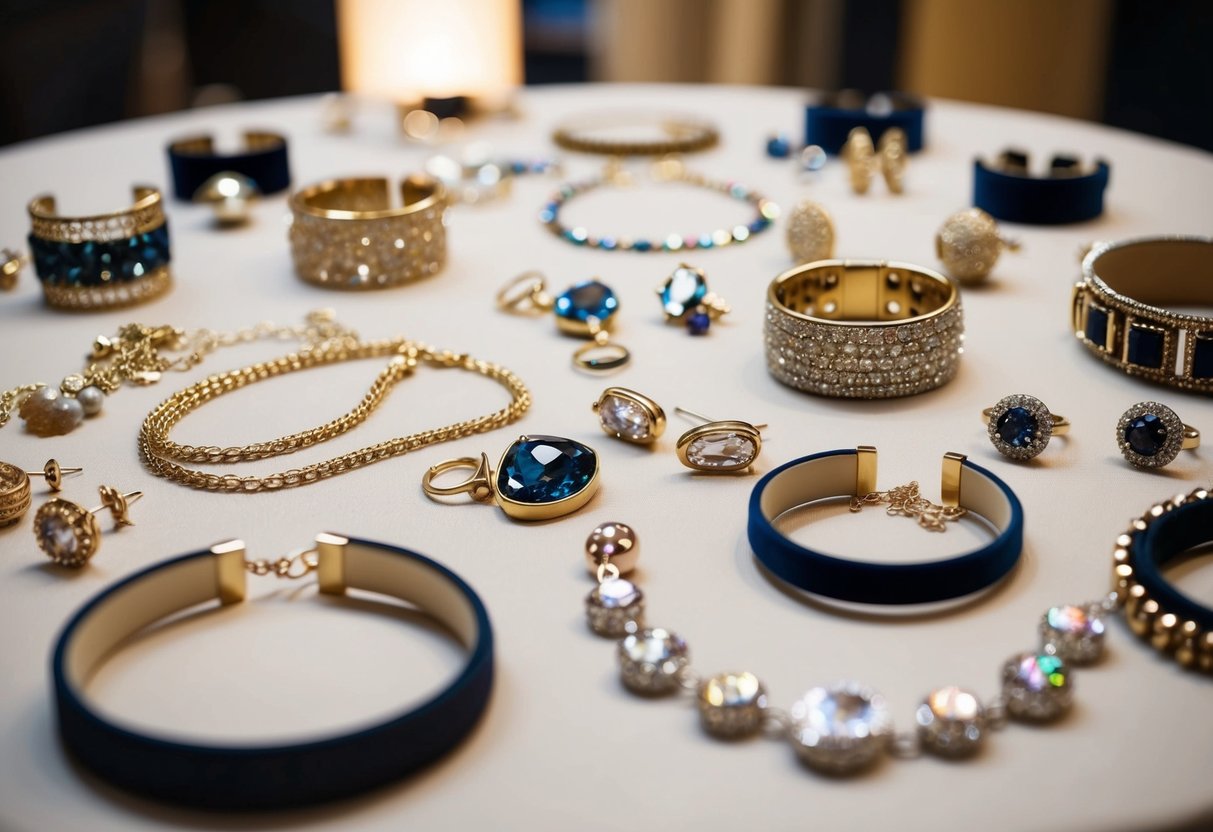 A table adorned with various pieces of jewelry, including necklaces, earrings, and bracelets. Soft lighting highlights the sparkle and shine of the accessories