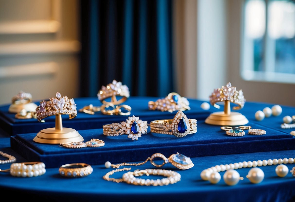 A table displays elegant jewelry. Sparkling gemstones and pearls shine against a velvet backdrop. Quality craftsmanship evident in each piece