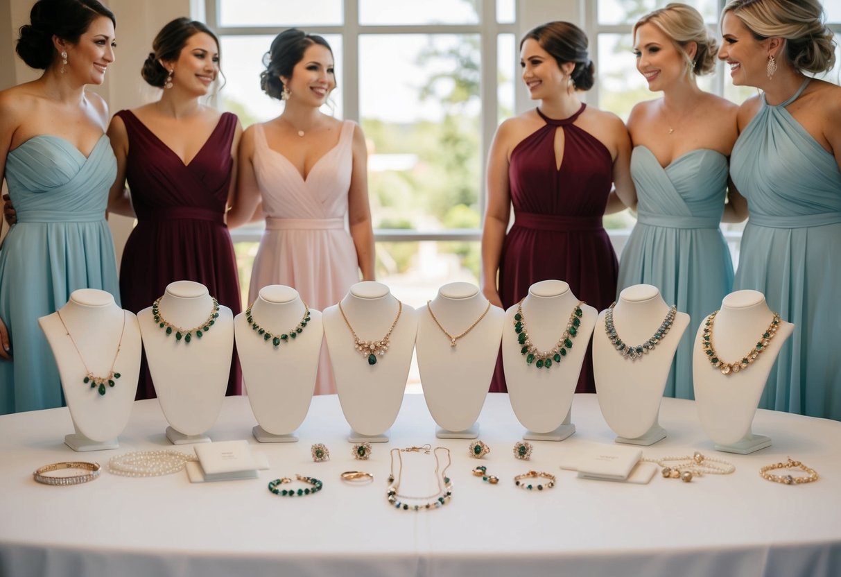 Bridesmaid dresses and jewelry arranged on a table for coordination