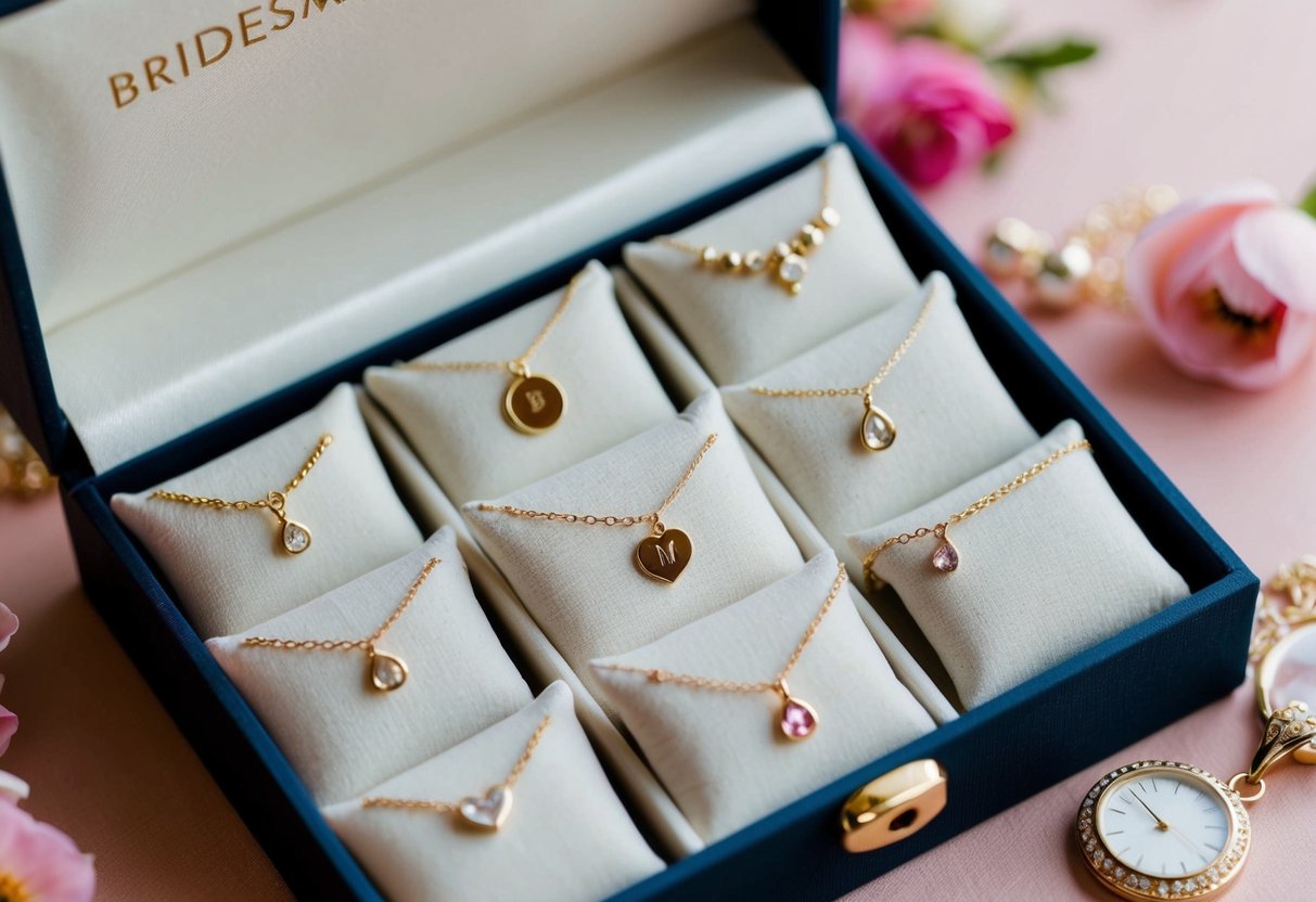 A jewelry box filled with personalized bridesmaid jewelry, featuring delicate necklaces, earrings, and bracelets, each uniquely customized to match the individual style and personality of the wearer