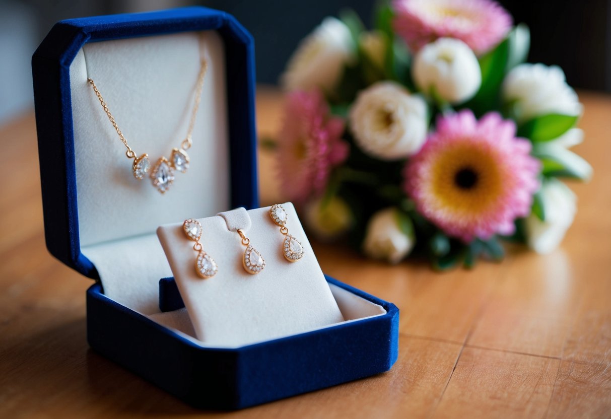 A delicate necklace and matching earrings displayed on a velvet-lined jewelry box, with a bouquet of flowers in the background