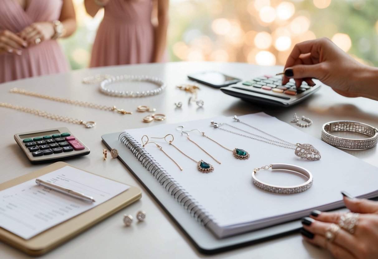 A table with various pieces of bridesmaid jewelry, including necklaces, earrings, and bracelets. A budget planner and calculator are also present