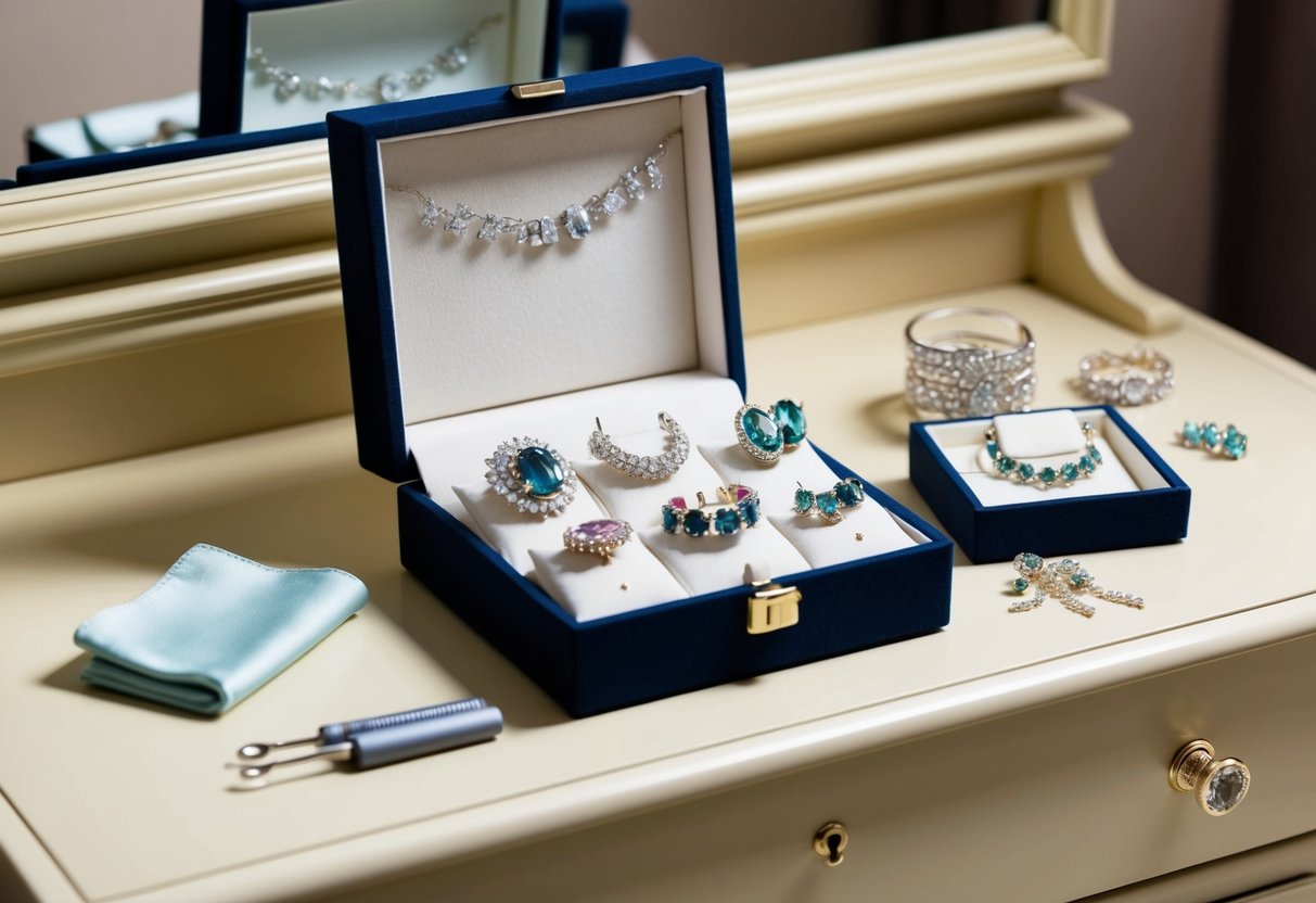 A jewelry box open on a dresser, with various pieces of bridesmaid jewelry neatly arranged inside. A soft cloth and small cleaning tools sit nearby for maintenance